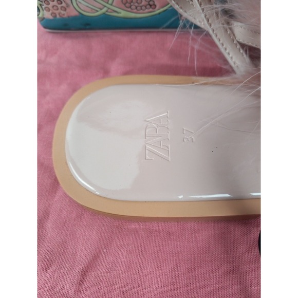 Zara Pink Feathers Strap Flats Summer Sandals Size 6.5 - Picture 10 of 12